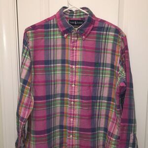 Linen Cotton LS polo Ralph Lauren Summer Pink Green pony Plaid Check Tartan L